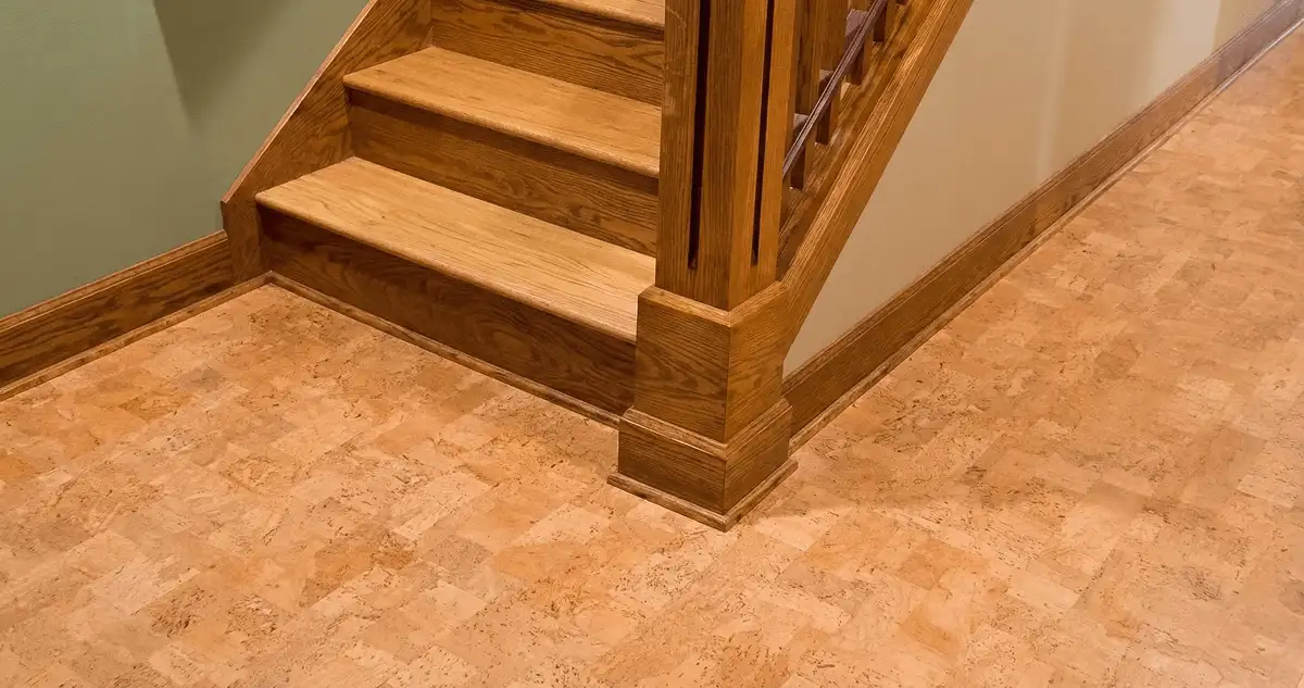 End of a staircase with cork flooring in Cedar Rapids, IA