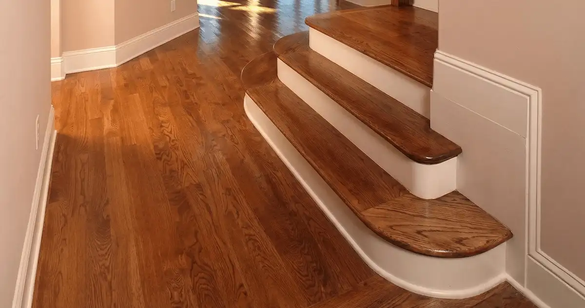 Base floor of a staircase with professionally restored wood flooring in Cedar Rapids IA
