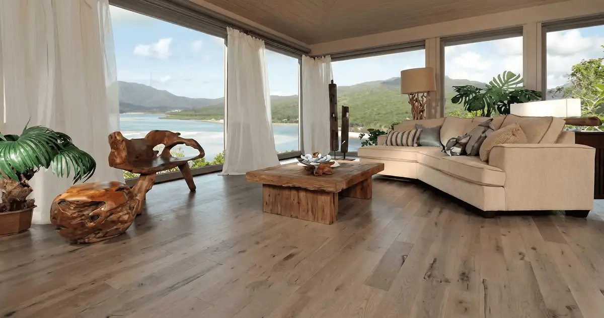 Professionally installed vinyl flooring in a modern living room with large windows in Cedar Rapids, IA
